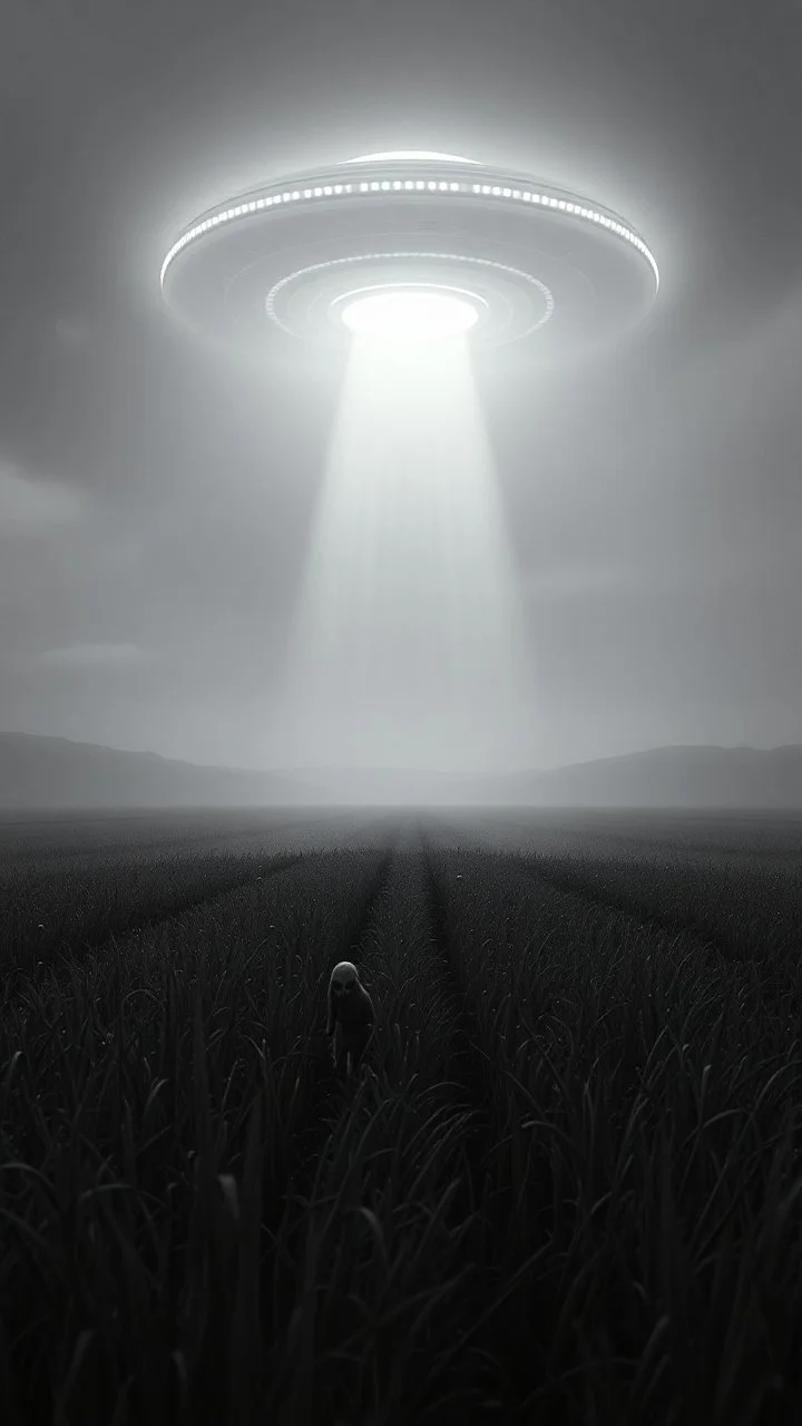 A field filled with aliens at the end of the picture a ufo object , cinematic, 8k, in black and white