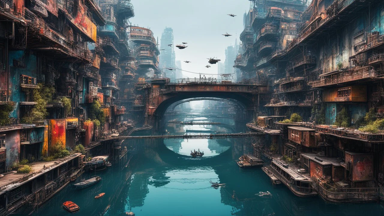 Water-level view of buildings made of reused dirty rusty metal on a futuristic canal junction, cyberpunk, many painted colours, flying boats, balconies, bridges, people, shopping, eating, walking, fifth element, ghost in the shell, altered carbon