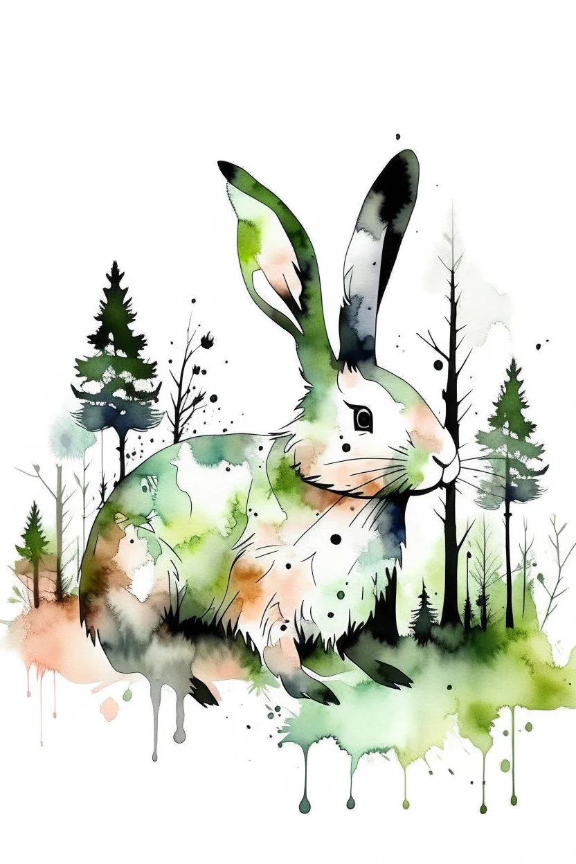 Watercolour effect, rabbit, forest abstract,roschCh ink blot test, white background, muted colour's.no black outline, no black colour only white more watercolour blobs, no black outline, other colours