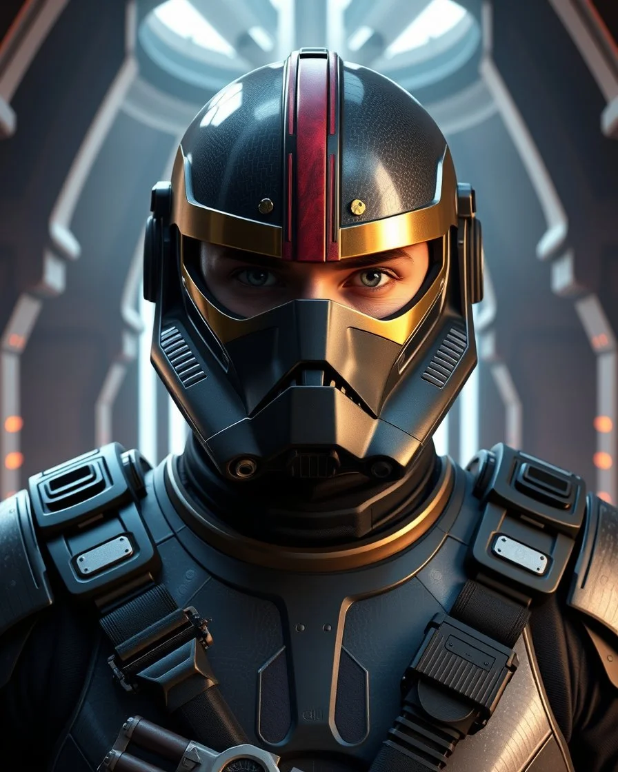 star wars bald male corellian pilot wearing pearlescent black and gunmetal grey First Order special forces heavy assault armor and full face helmet with gold and metallic red visor and trim inside the jedi temple, centered portrait, hyperdetailed, dynamic lighting, hyperdetailed background, 8k resolution, volumetric lighting, light skin, fully symmetric details