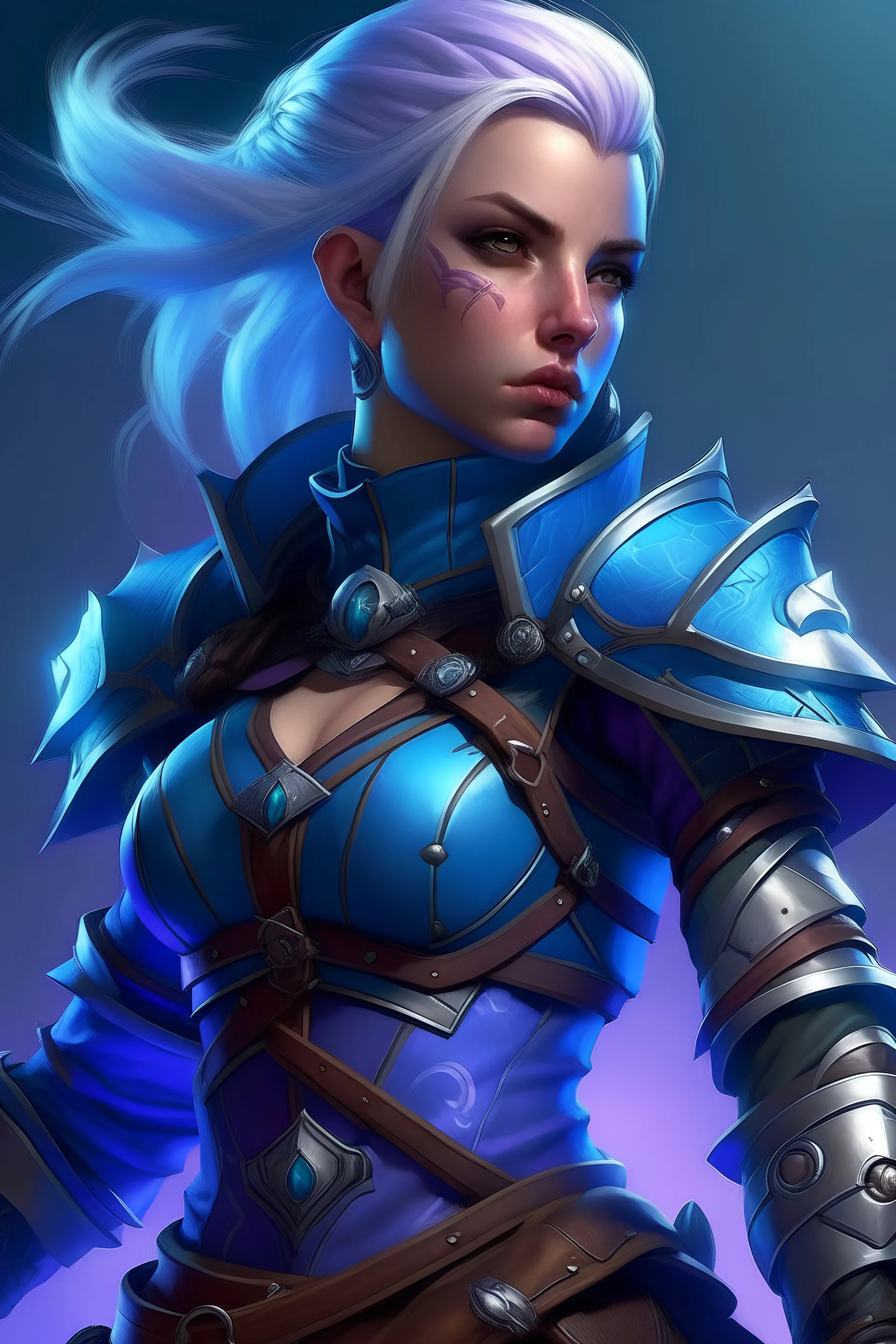 Female air genasi from dungeons and dragons, ranger, wind like hair, wearing hot leather clothing that also looks studded, light blue coloring, purple coloring, realistic, digital art, high resolution, strong lighting