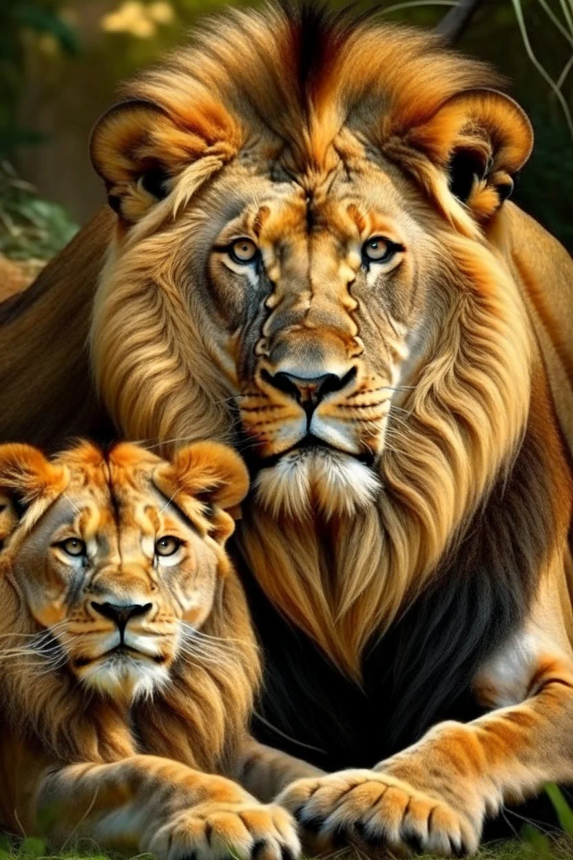 Generate an image of animal lion with his children