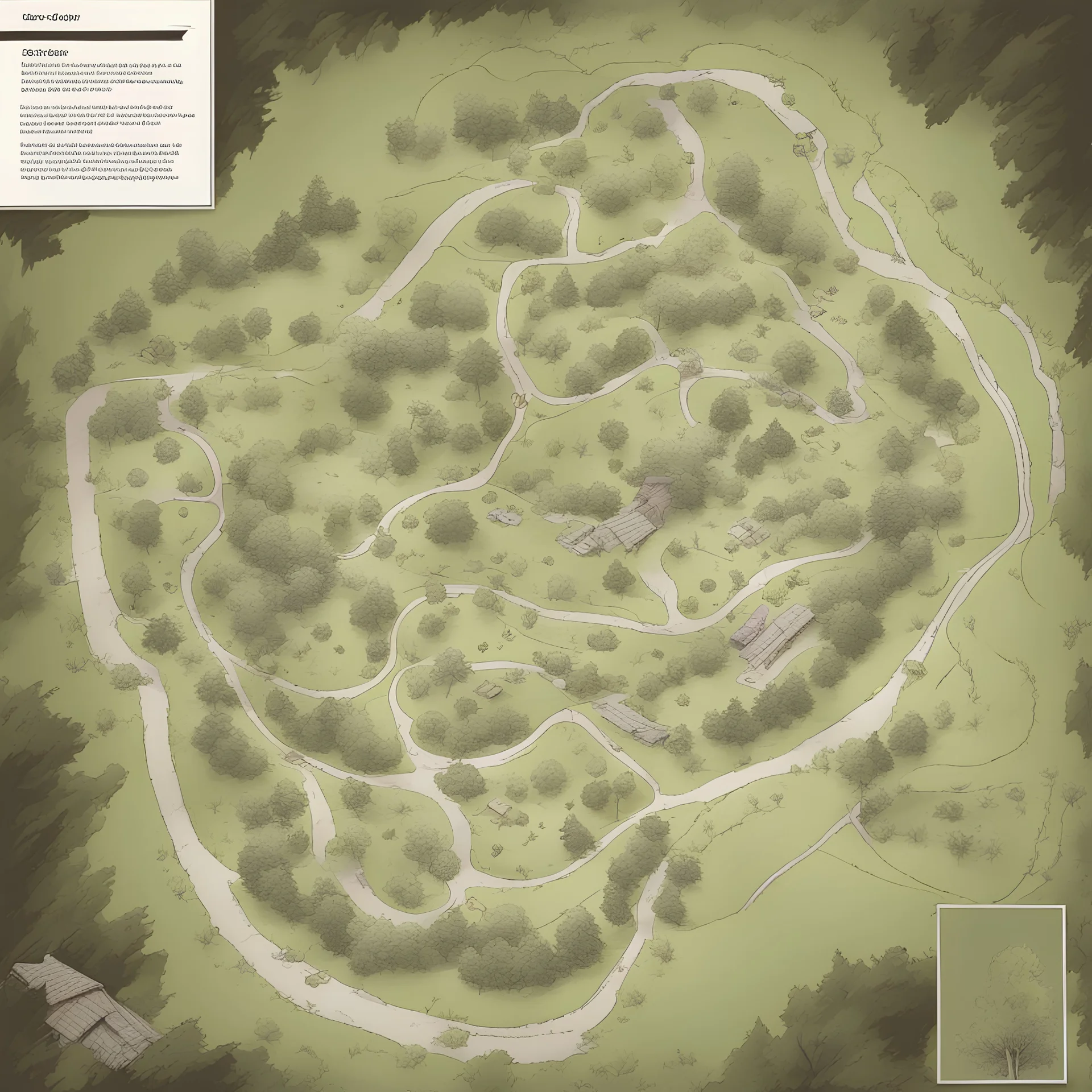 map, large camp ground, top view, comic book, sketch, nature, paths,