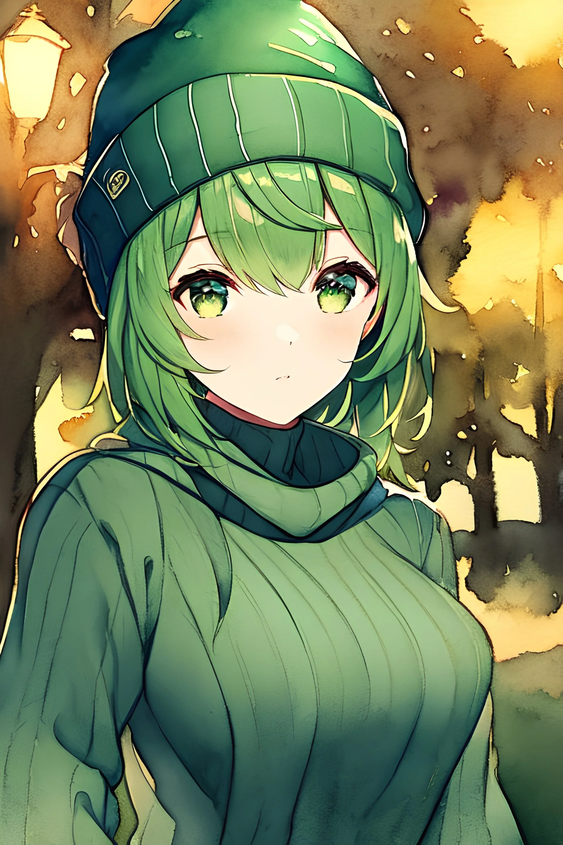 masterpiece, best quality, 1girl, green hair, sweater, looking at viewer, upper body, beanie, outdoors, watercolor, night, turtleneck