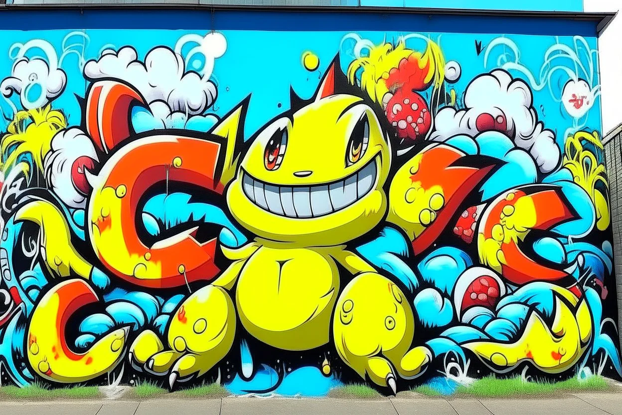 a graffiti mural wall with the word cell pokemon style