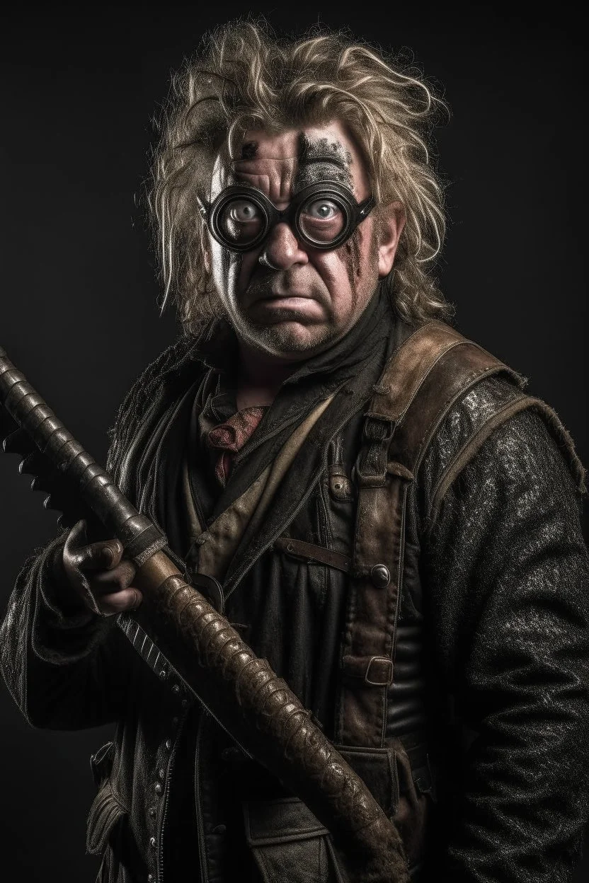 Mad-eye Moody with a chainsaw for a right arm wearing leather armor, looking gaunt and angry