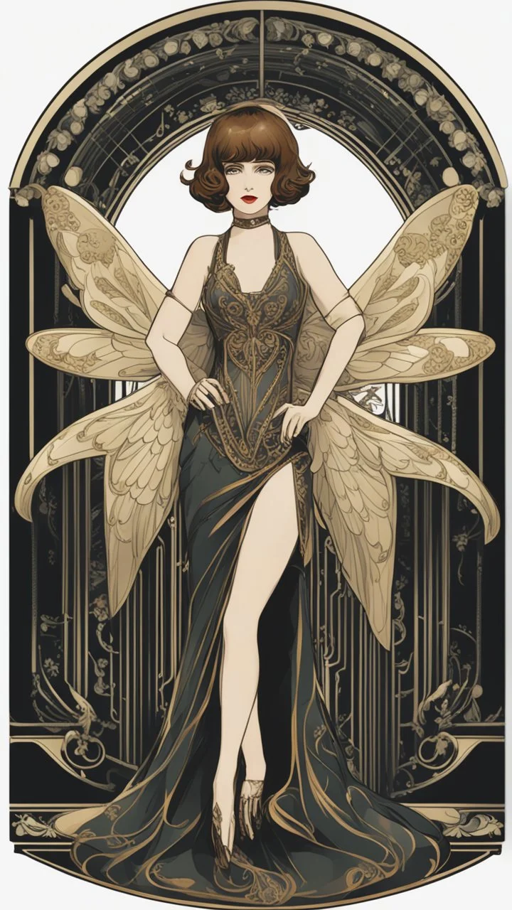 Full Body, Art Nouveau Woman With A Bob With A Fringe Hairstyle, 1920s Clothing, Steampunk Metal Moth wings, Black Background