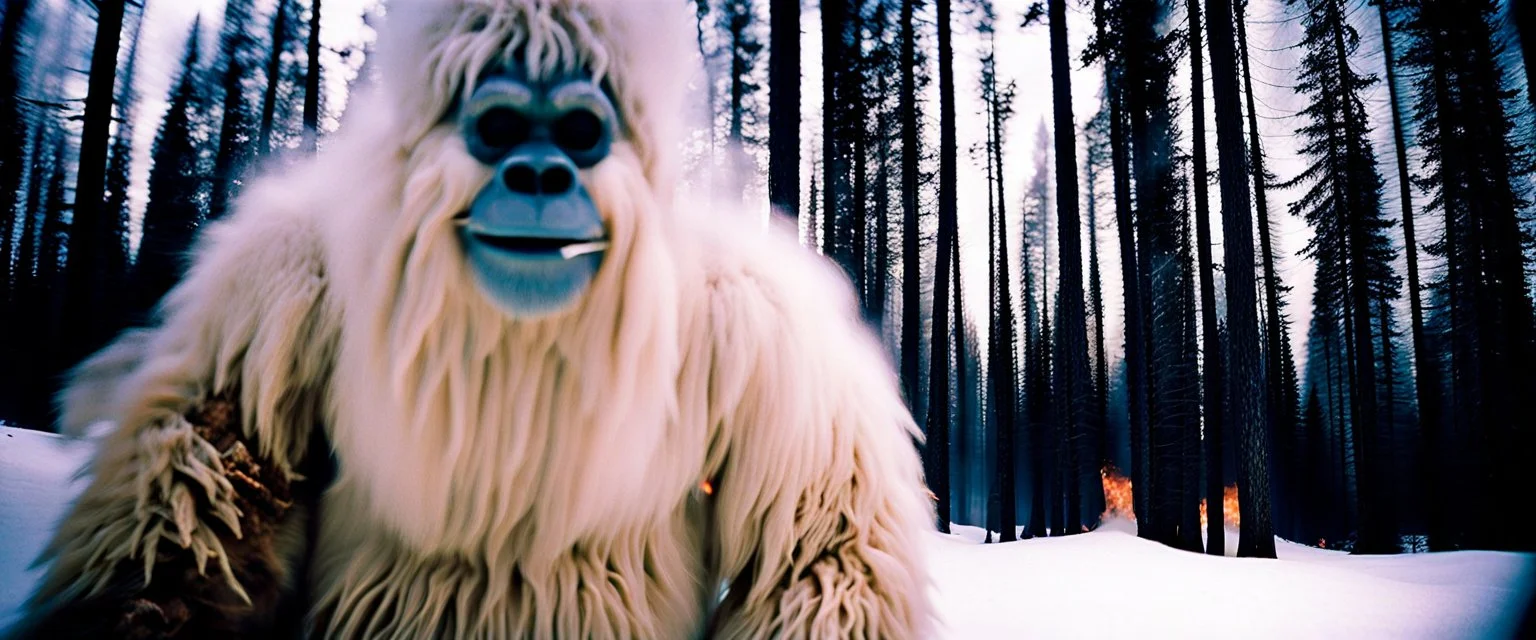 close up of a Yeti in documentary photography, burned trees, Wildfire, Smoke, burning, forest fire, August 1995, Yeti, Dystopian, Japanese, Extreme depth of field, bokeh blur, winter, blizzard, Alberta, all-natural, in the style of candid, imperfection, natural lighting, Professional shot, shot on Agfa, Fuji Film, Anamorphic lens --ar 4:5 --w 150 --style raw