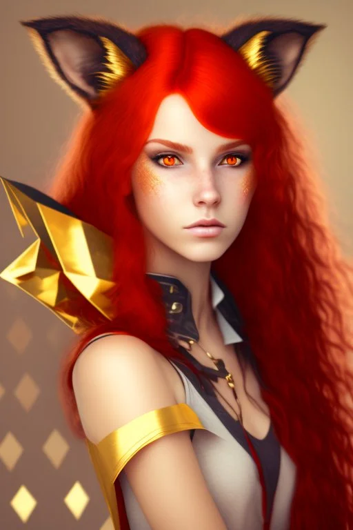 A young adult female with red hair and gold eyes, fox ears