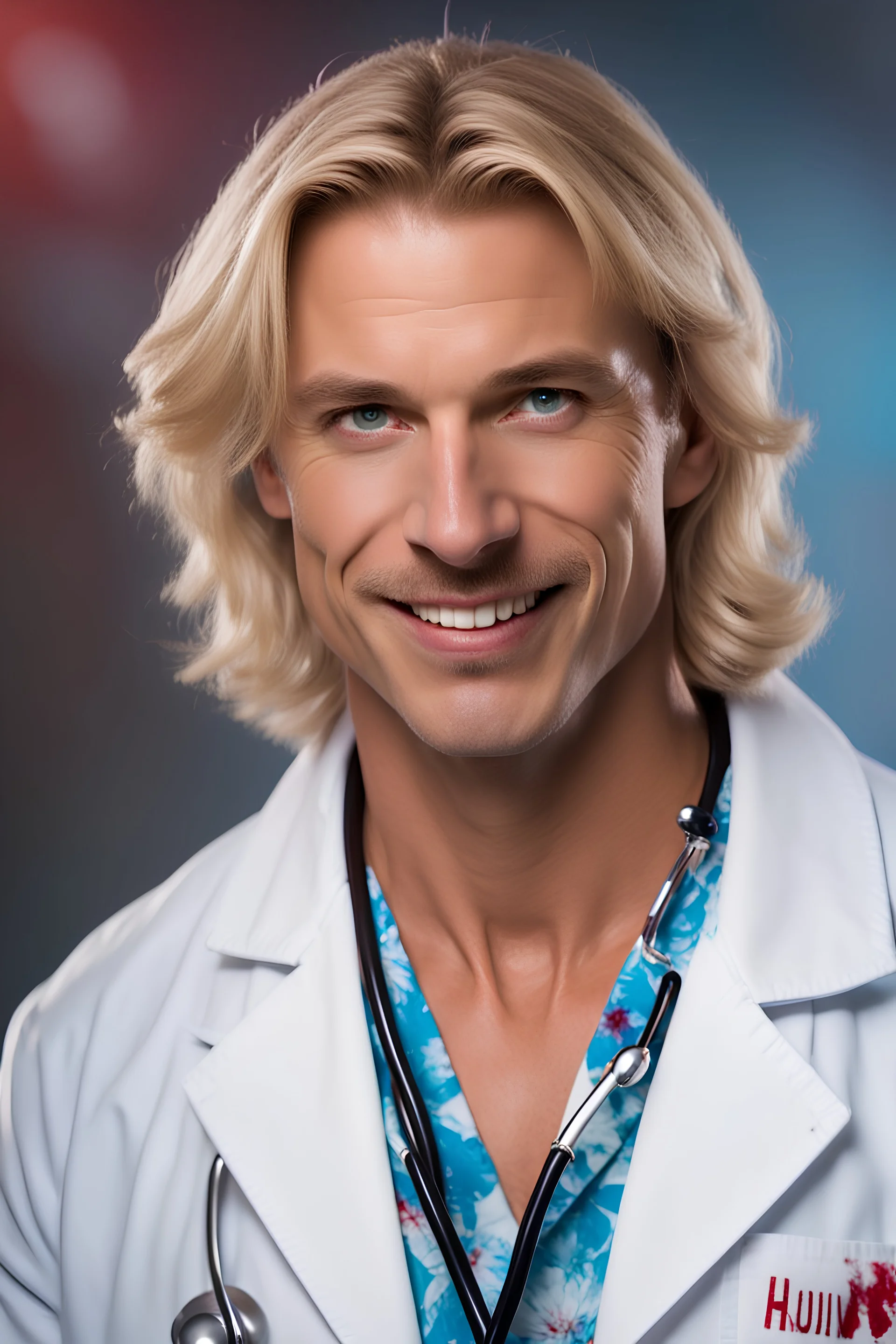 Mid-thirties, Caucasian male doctor, kind smile, blonde hair (slightly disheveled) blonde mustache, pale blue eyes, broad shoulders, muscular, six foot, Hawaiian shirt under white lab coat with bloodstains at the edges. Strong Jaw line, photo realistic