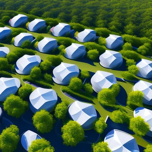 Complex of ten oval cabins, Zaha Hadid style, aerial view, ultra quality, hyper-detailed, digital art, 8k 3D, trees, parking lots, people