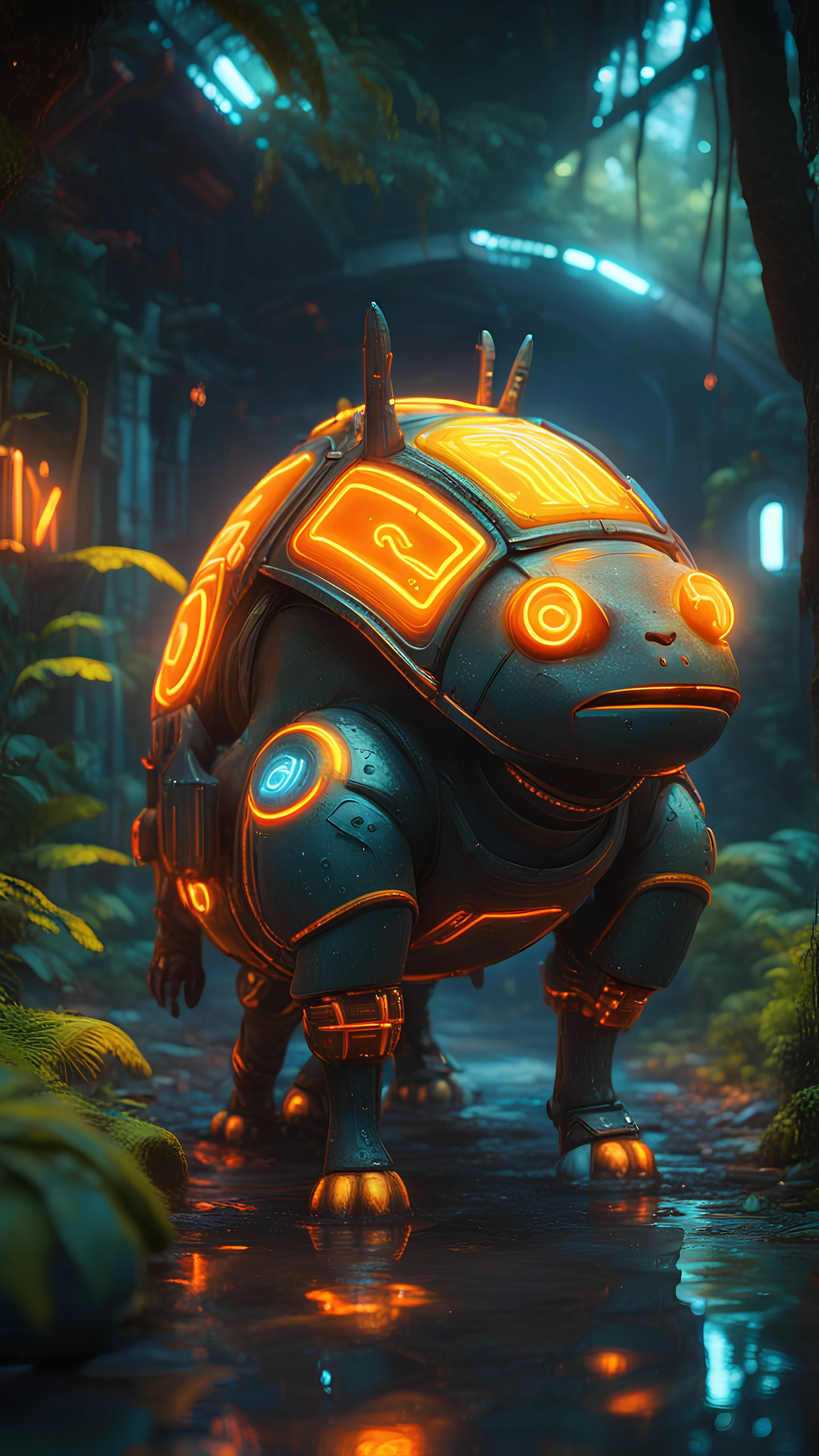 tron neon spray paint, magazine cover, metallic yellow orange donkey turtle chivalry knight with friendly cute face and hair locks in dark lit reflective wet jungle metallic hall dome hotel tunnel, in the style of fallout 4 game,bokeh like f/0.8, tilt-shift lens 8k, high detail, smooth render, down-light, unreal engine, prize winning