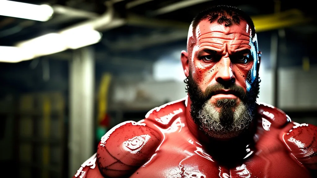 close up photography of a 39 year old dirty burly strong angry stocky turkish mechanics wet sweat, bullneck, short curly beard, short hair manly chest, white boxer, inside a car demolition parking lot, misery and poverty, open legs, photorealistic, look at camera, neon side light, very detailed , view from the ground , ambient occlusion