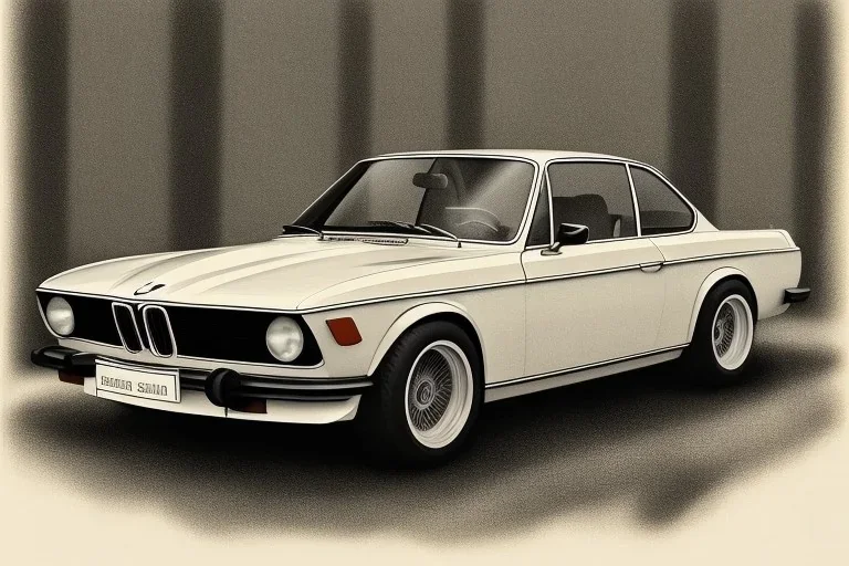 a true-to-life 1973 BMW 3.0 CSL, classic wheels, twin-color finishing, centered, intricate, extreme detailed, photorealism, center view, stylized random background, pivot on bmw, pen and color marker painting by cheryl kelley