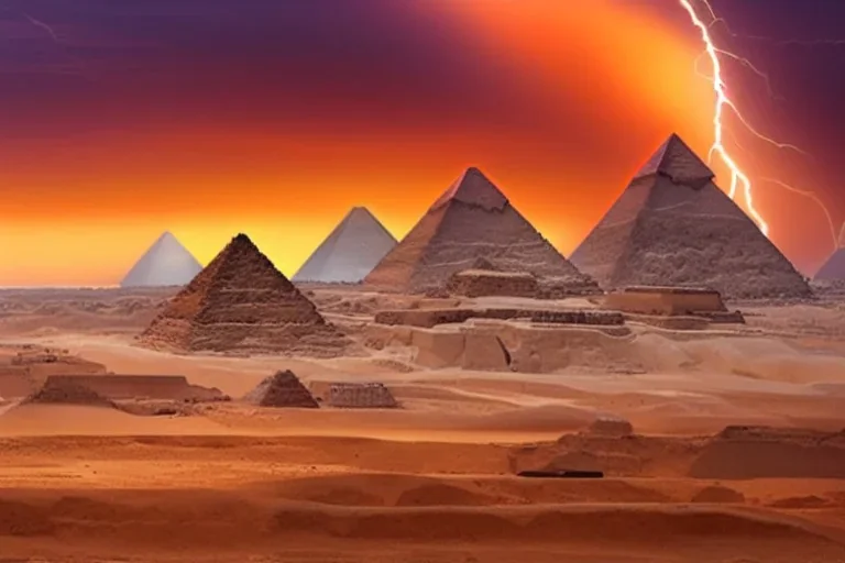 An ancient Egypt city at sunrise with 2 pyramids in the background, by matthieu lauffray, beautiful Egyptian temples, stunning environment, perfect composition, oil on canvas, super highly detailed, wide-angle, dramatic lightning,8 k Uhd