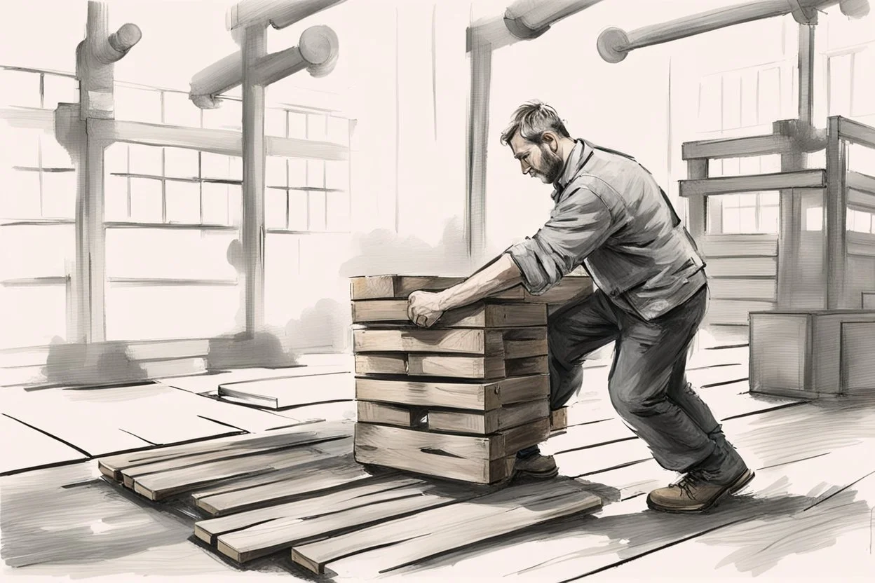 a man from sweden, very strong pushing a wooden pallet along the floor in a factory, very basic sketch painting like the image i uploaded