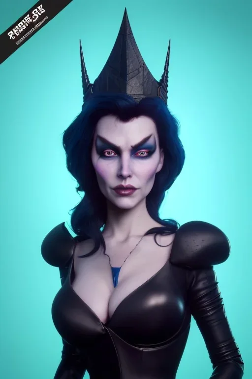 Lene Nystrøm as evil queen in black leather, busty, cleavage, voluptuous, Aqua Lene, angry, stern look. character design by cory loftis, fenghua zhong, ryohei hase, ismail inceoglu and ruan jia. unreal engine 5, artistic lighting, highly detailed, photorealistic, fantasy