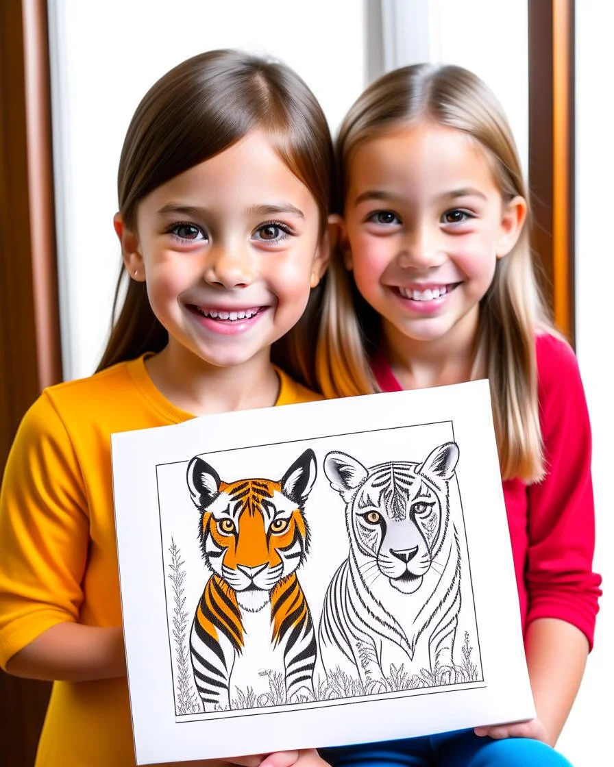 Check out a picture of two kids(4 years) showcasing their finished deer and tiger coloring page in a frame or as a gift for someone special. (style carton)