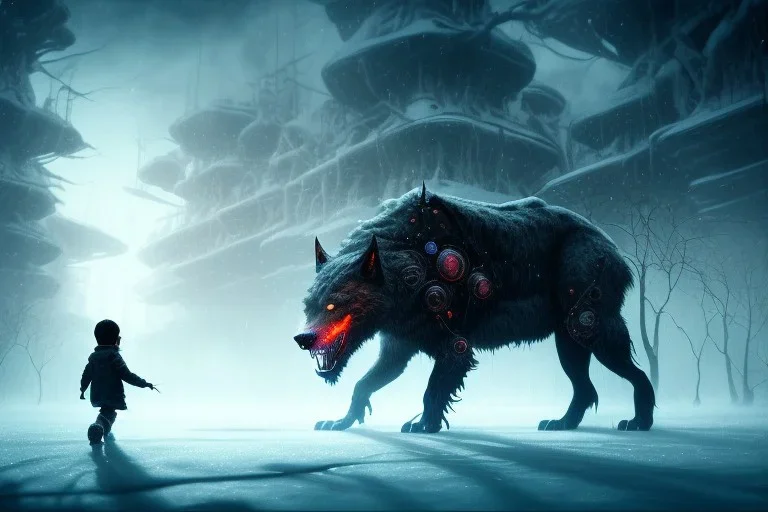 Starvation black monster wolves with red eyes, fight in the ice age Scenery, : concept art::1 cyberpunk::1 splatter paint::1 wide angle lens::2 Zdzislaw Beksinski style, and a little prince boy walks to the Shining Ethereum shape sun, in winter storm, ultra detailed| 4k --v 4