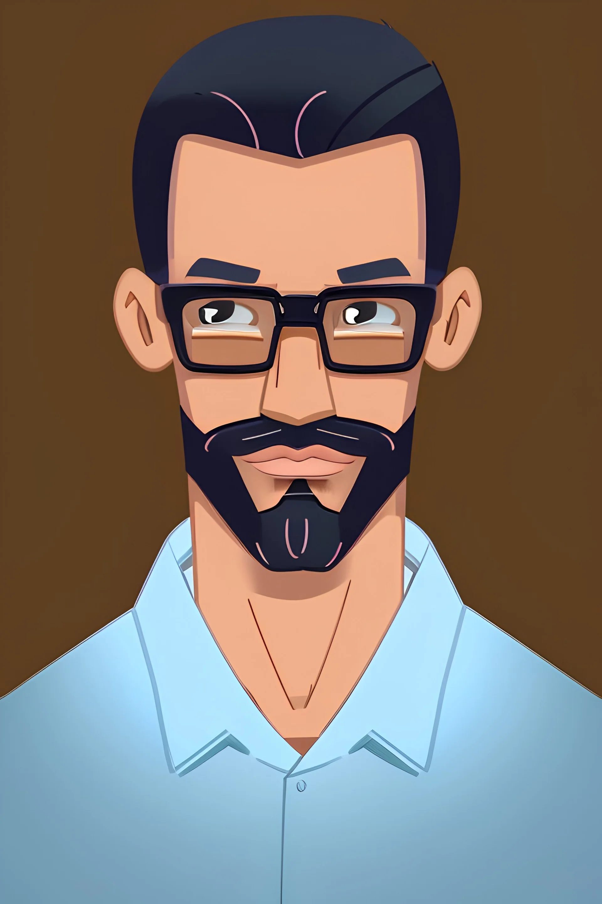 man, teacher, full body, midlife, front view, goatee, cartoon, brown shoe,cartoon, dreamlikeart, rzviceb6, adult, happy, rzviceb6, soft lighting, cinematic lighting, south american, skinny, glasses, skinny, south american, skinny, shirt blue, cool, thinning black hair, dark skinned