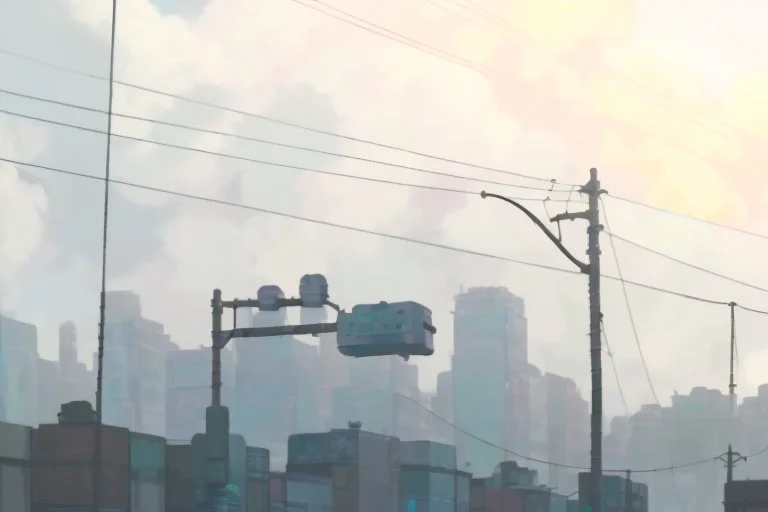 Smokey cyberpunk cityscape, dystopian