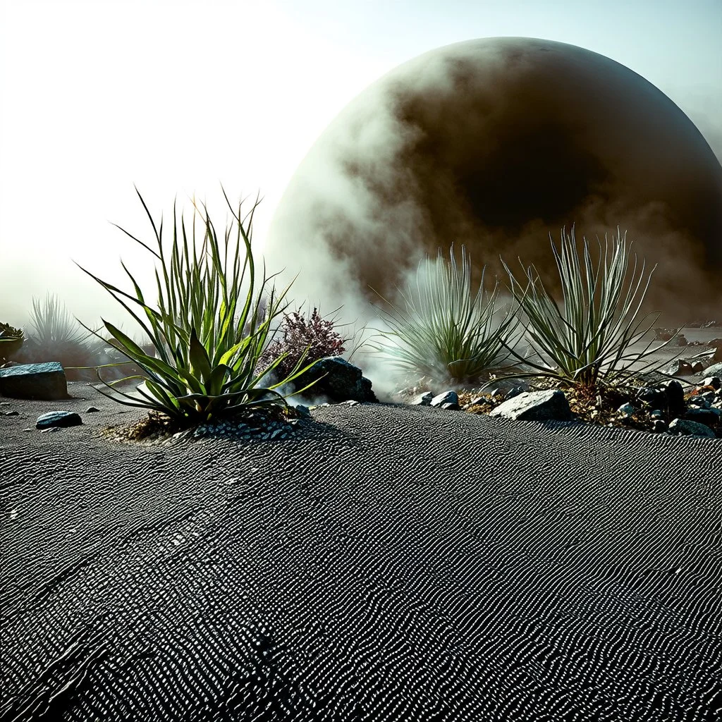 A striking quality photograph captures a wasteland with plants, creepy, scarpata, details of the dust very accentuated, glossy organic mass, adorned with minerals and rocks. Bathed in intense light, eerie, Max Ernst and Yves Tanguy style, black sun, fog, volumetric light, octane render