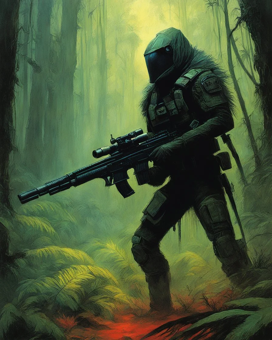 hidden predator [art by John Paul Leon and Zdzislaw Beksinski] in the jungle tactic squadron member trained to kill PREDATORS, predator alien with a lot of mini guns