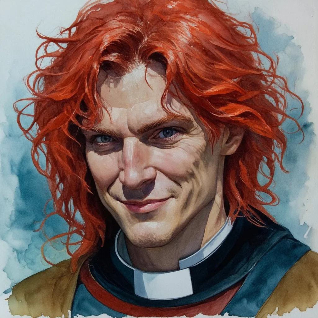 dnd, fantasy, watercolour, portrait, illustration, male, face, determined, happy, priest, red hair, long hair, radiating light, stubble