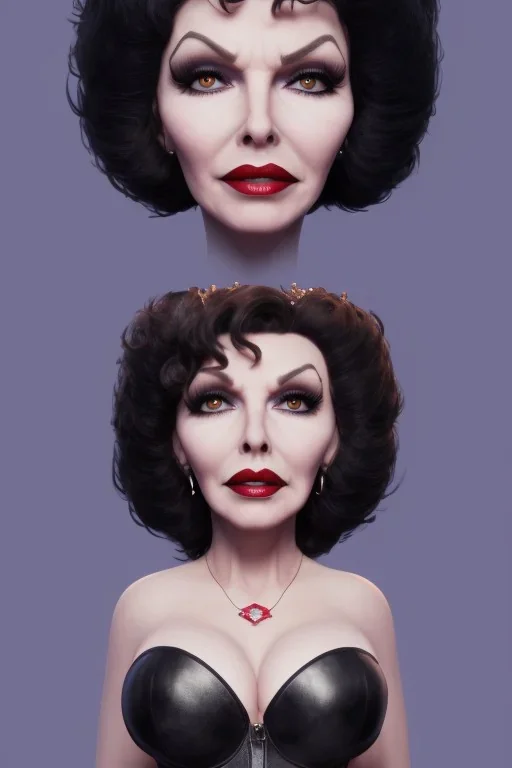 Joan Collins as evil queen in black leather, leather, busty, cleavage, angry, stern look. character design by cory loftis, fenghua zhong, ryohei hase, ismail inceoglu and ruan jia. unreal engine 5, artistic lighting, highly detailed, photorealistic, fantasy