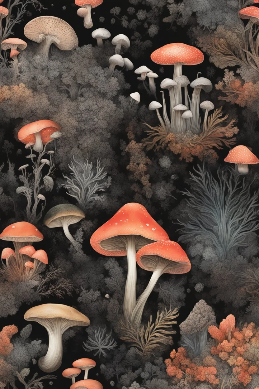 Exotic Flora, fauna, mushrooms, fungi and coral dripping black liquid in the Multiverse