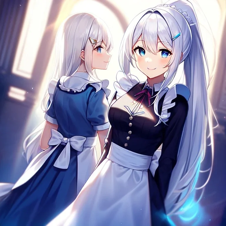 girl, masterpiece, best quality, cinematic lighting, detailed outfit, perfect eyes, long hair, white hair, vibrant blue eyes, maid, ponytail, hairclip, smile,