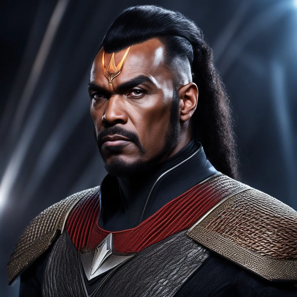 [Star Trek] Generate an awe-inspiring image of a fearsome Klingon warrior, with their imposing cranial ridges, intense gaze, and intricate braided hairstyle, ready to conquer the galaxy.