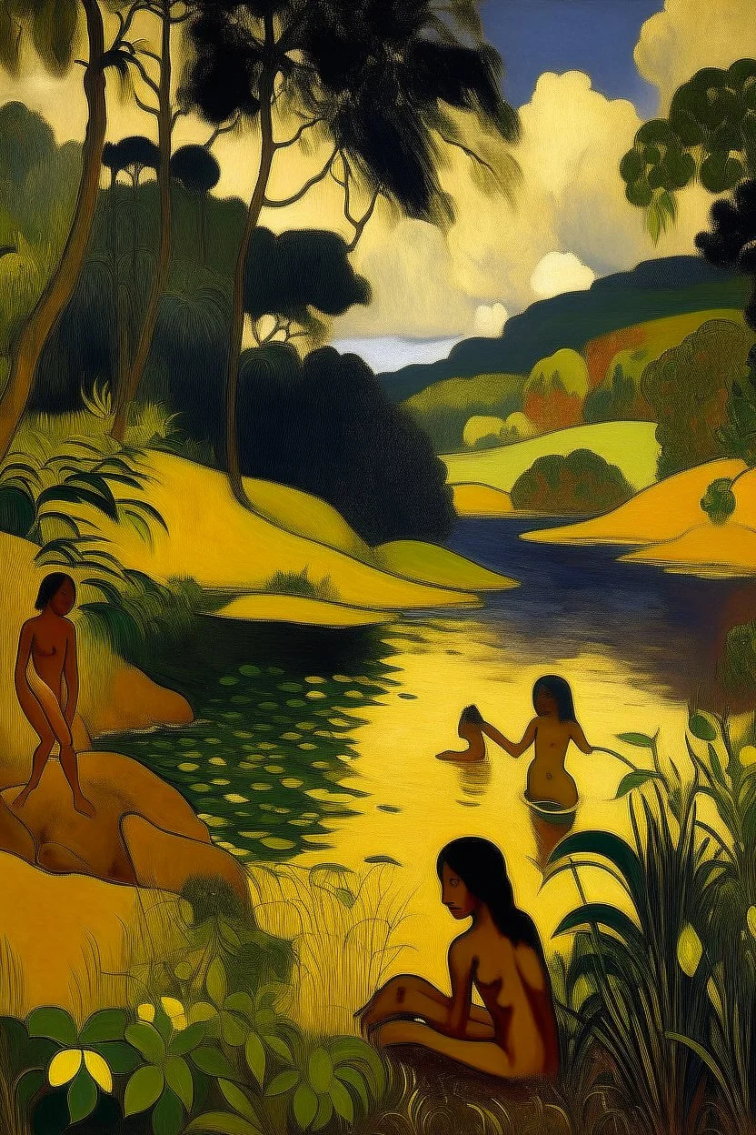 The lake in the clouds in a dark gold rainforest near a field painted by Paul Gauguin