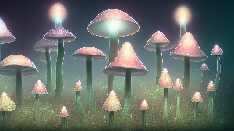 tall narrow delicate detailed mushrooms, with umbrella caps, phosphorescence glowing in the night