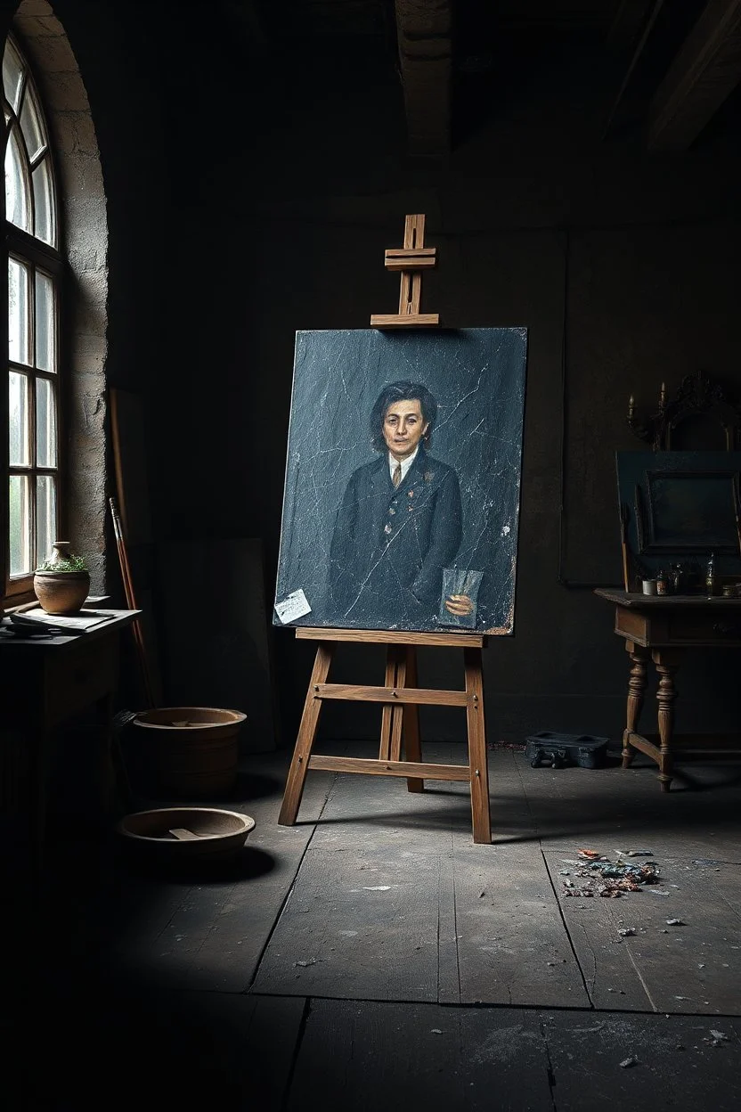 An artist studio with painting stand on it a dark picture . And palate "A very old paints cracked dirty abandoned stage , insanely detailed octane render trending on artstation, 8k artistic photography, photorealistic concept art, soft natural volumetric cinematic perfect light, chiaroscuro, award-winning photograph, masterpiece, oil on canvas, Raphael, Caravaggio, Greg Rutkowski, people, beksinski, Giger