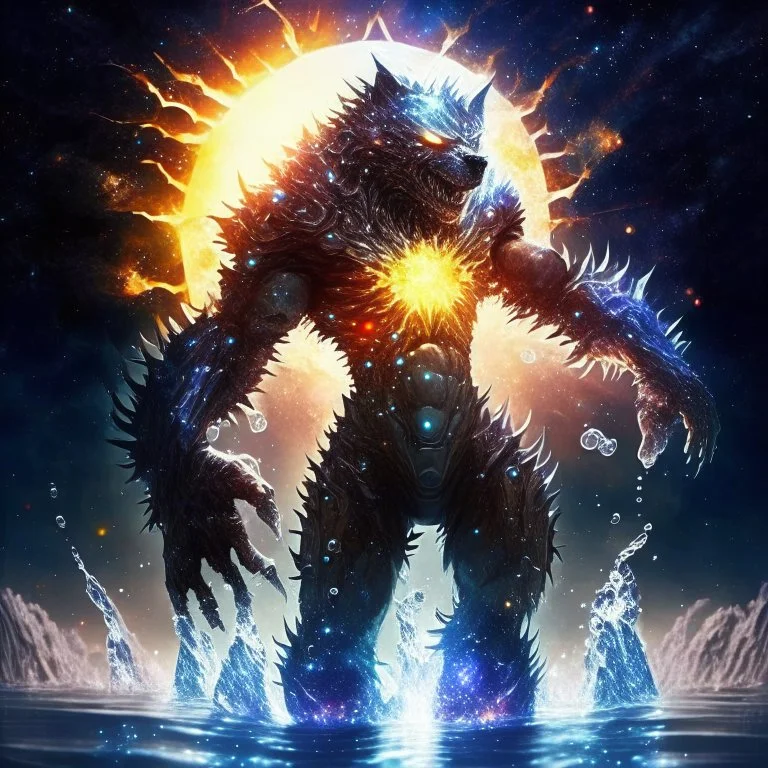 A terrifying creature combining water and sun with the powers of a werewolf and Dracula A battle suit made of galaxies and stars with a glove that has seven endless stones