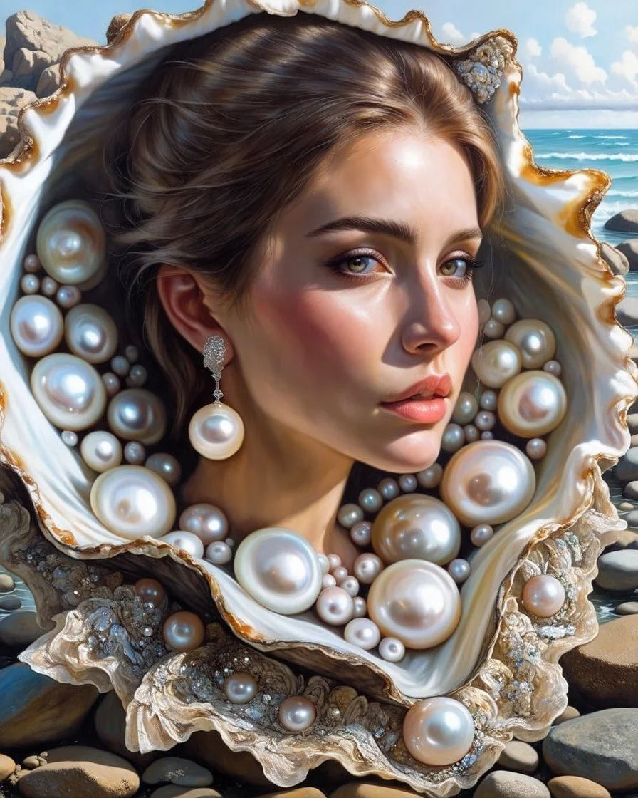 Create a fantastical image of a young beautyful woman in an elaborate dress resembling the interior of a pearl oyster, specifically a Pinctada, with rocks on the seashore in the background. An oil painting in the style of ultrarealism. The collar of the dress, like a hood, encloses the large, open jaw structures of the shell and the deep pearly interior, mimicking this bivalve. The person is also decorated with detailed patterns and textures that give the appearance of an aquatic creature, enhan