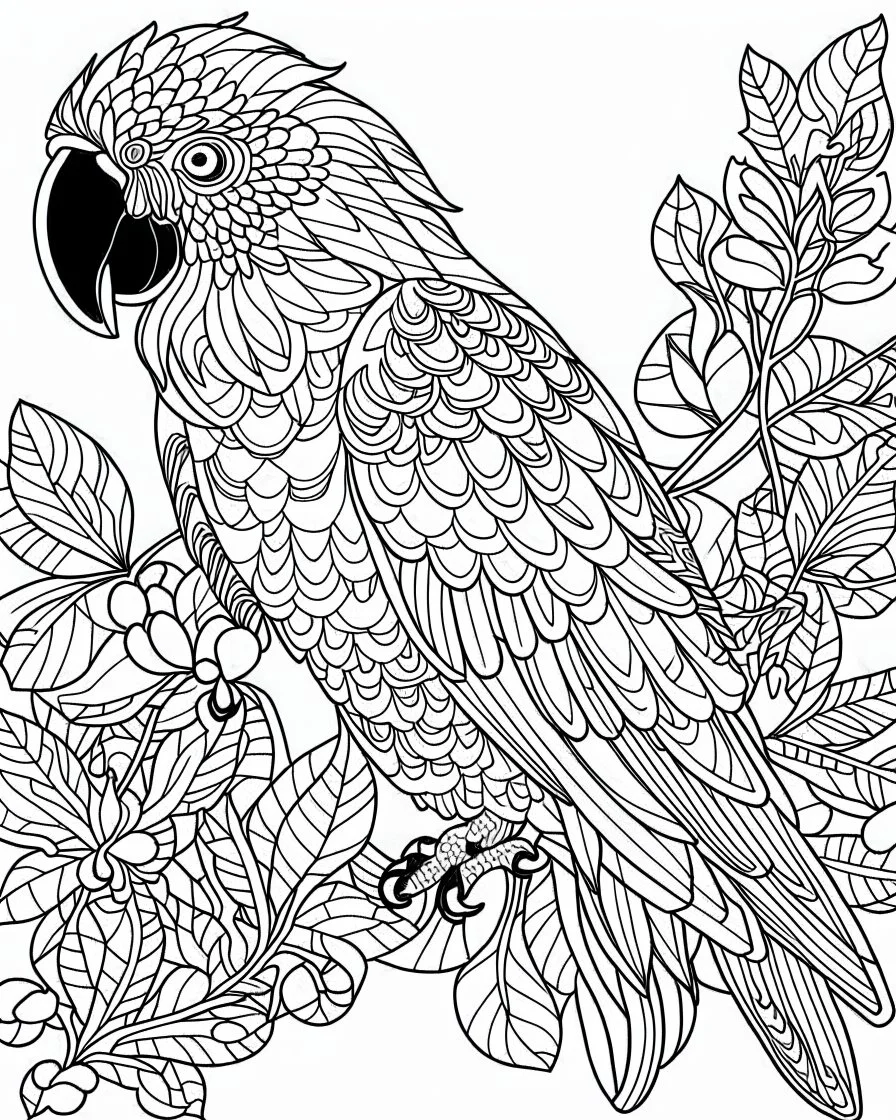 A coloring page of a magnificent parrot, flowers, leaves, (masterpiece), (coloring page), line art drawing, minimalist, graphic, (line art), vector graphics, clear and distinct lines, intricate patterns, varied line weights, smooth curves, bold outlines, crisp shapes, style of van Gogh