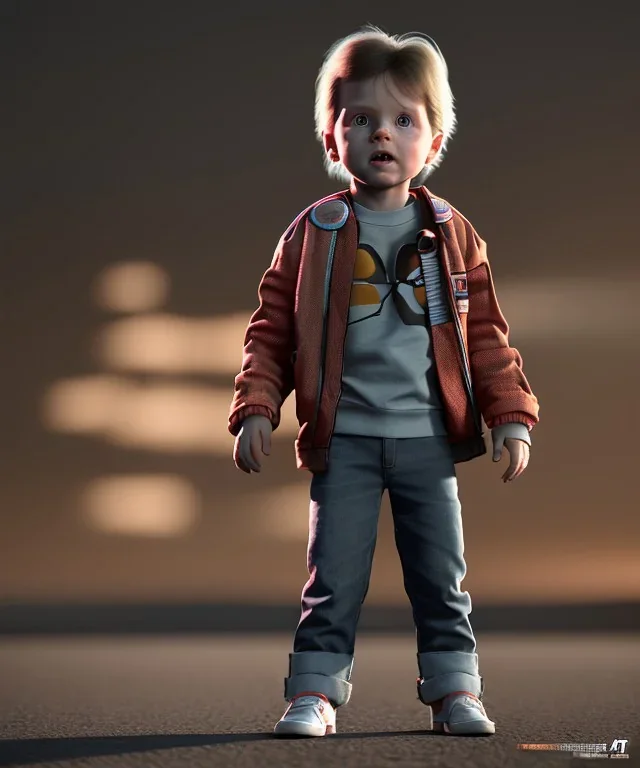 Marty mcfly toddler, full body, delorean, dramatic lighting, hyper realistic