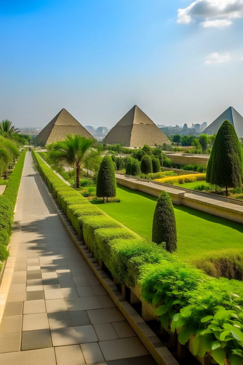 A tourist walkway in Egypt overlooking the pyramids and has green spaces, seating places, and shops on both sides