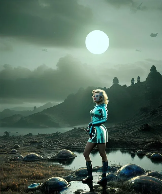 Ultra Realistic retro sci-fi 1960 scene, waist up view portrait, blonde woman, sweet young Marilyn Monroe face, perfect iris, tight latex coat, alien planet background, tight style, steel sphere dron levitating, fog, rain, soft color, highly detailed, unreal engine 5, ray tracing, RTX, lumen lighting, ultra detail, volumetric lighting, 3d, finely drawn, high definition, high resolution.