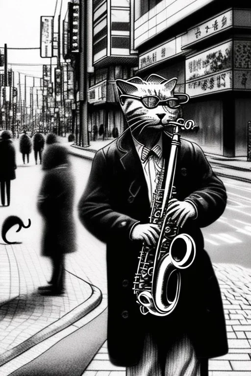 One single mature cat playing saxophone on the street, Osaka, thoughtful, mourning, model style, hyper realistic, extremely accurate, delicate, extremely detailed, Graphic novel style, wide-angle, open aperture, superfine pencil