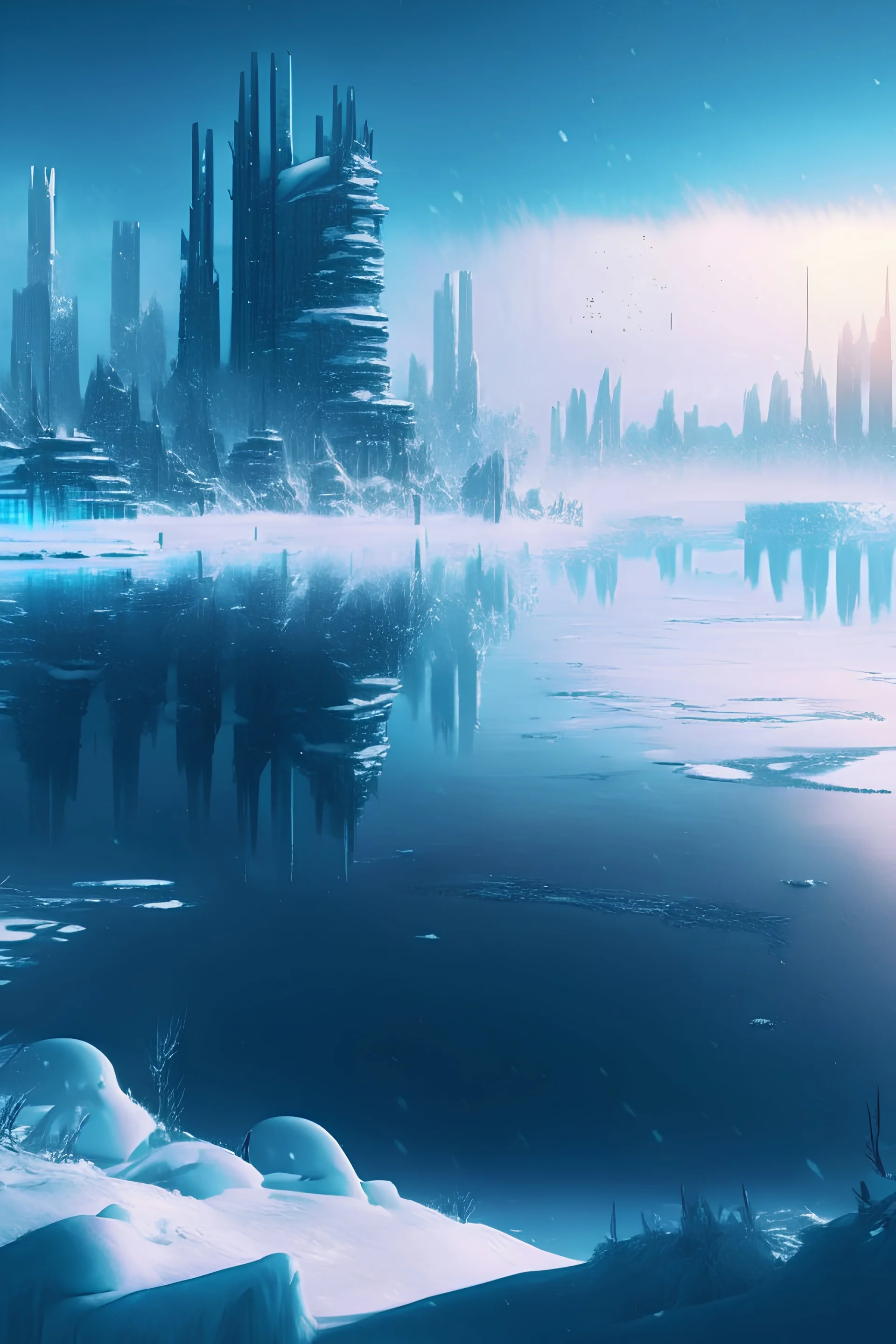 winter, fluffy snow, beautiful, frozen lake, modern cyberpunk city in the distance, fantasy world, 4k