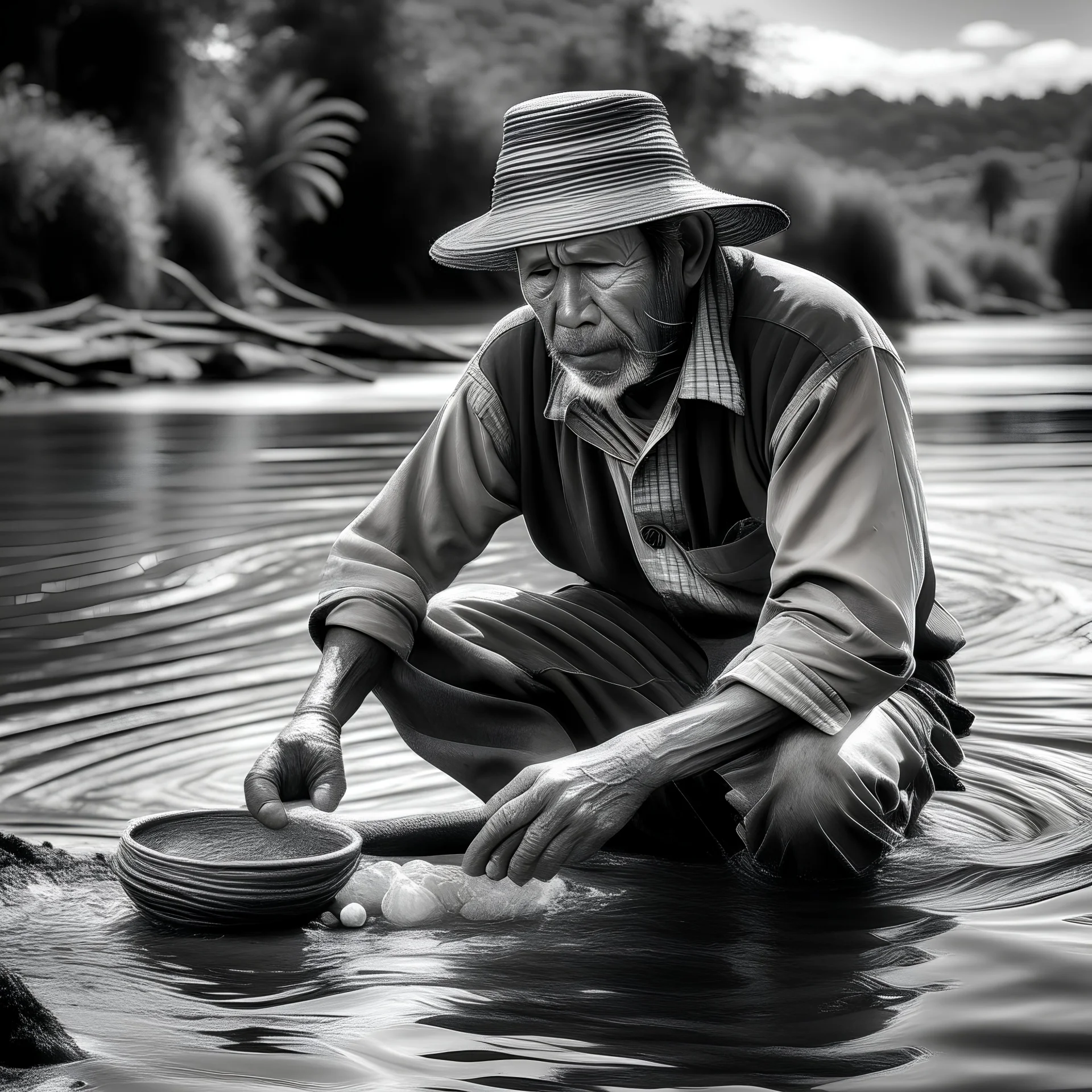 Fotografía real de un pescador humilde en el río Paraná, sacando un espinel sin pescados. Plano general al atardecer.