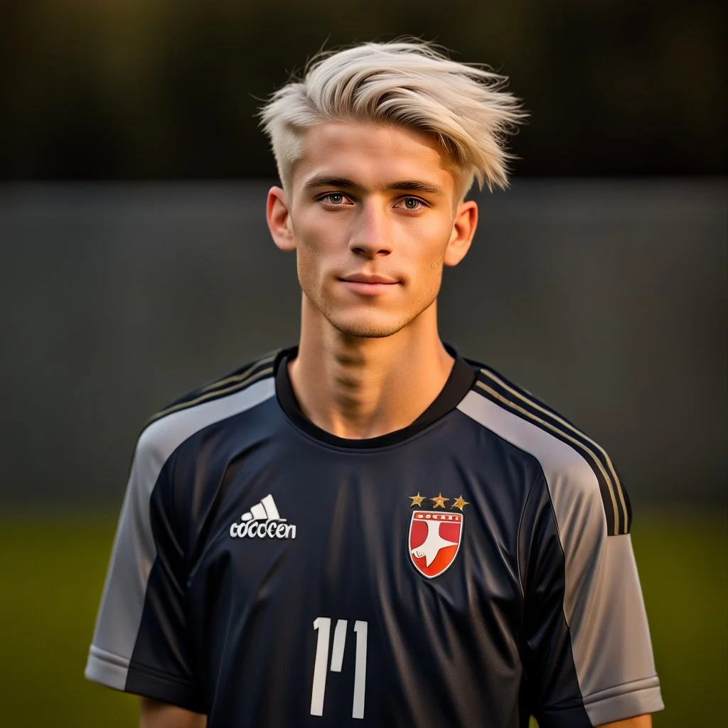 85mm DSLR color photography of a very detailed headshot fitting all of head and hair in frame. 18-year-old Austrian soccer player, and with no facial hair and has no facial hair, has short length straight white hair with a small smile, grey background