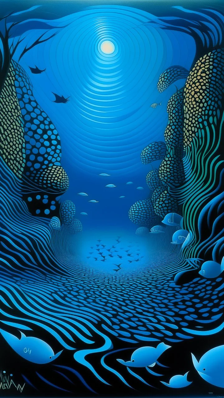 A dark blue underwater cove in the abyss with music notes painted by Victor Vasarely