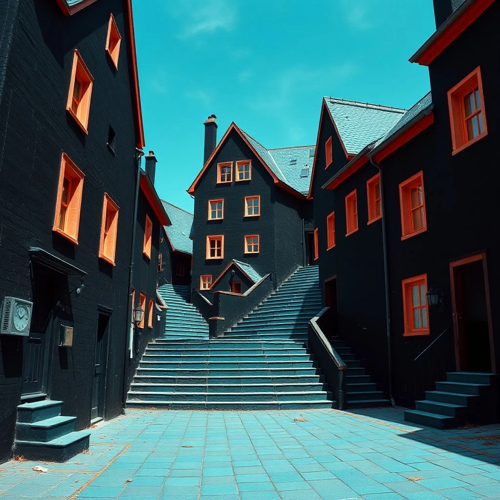 Fotografia di strada assurda e falsa orripilante blu weirdcore dai colori vivaci, liminalcore. Escher. Confusione geometrica. Scale che scendono. Yves Tanguy. Non luogo falso, inusuale. Le case sono false e dipinte di nero chiaro con cose stilizzate e dettagli. Ci sono finestrelle false quadrate, che danno un senso distopico e molto surreale, disposte in modo casuale. L'atmosfera generale sembra noiosa e onirica, con un contrasto tra elementi reali ed elementi dipinti falsi, René Magritte