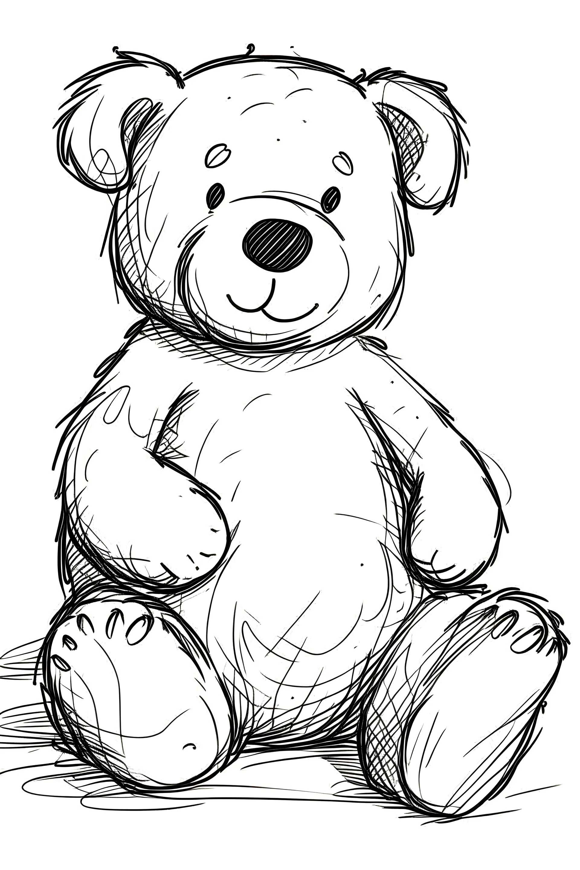 outlines art, bold outlines, clean and clear outlines, no tones color, no detailed art, white background, an adorable teddy bear sitting down with a big smile.