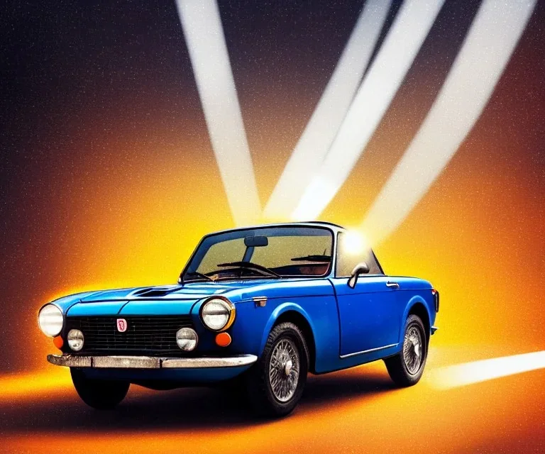 fiat 125p, city. high speed. bokeh. lens flare. warm lights. high detailed. oil on canvas