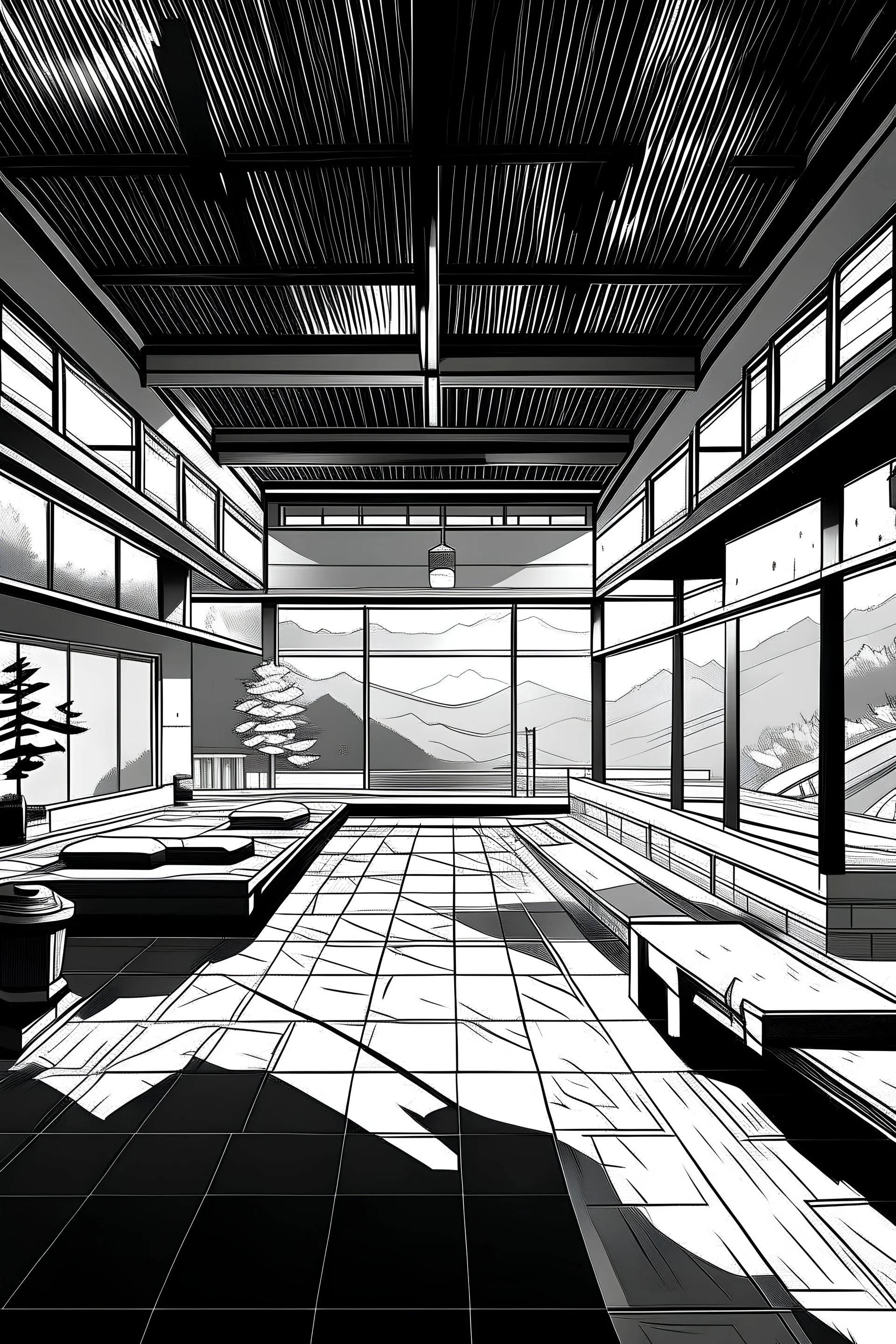 Onsen large space , interior, manga style, black and white, Japanese culture